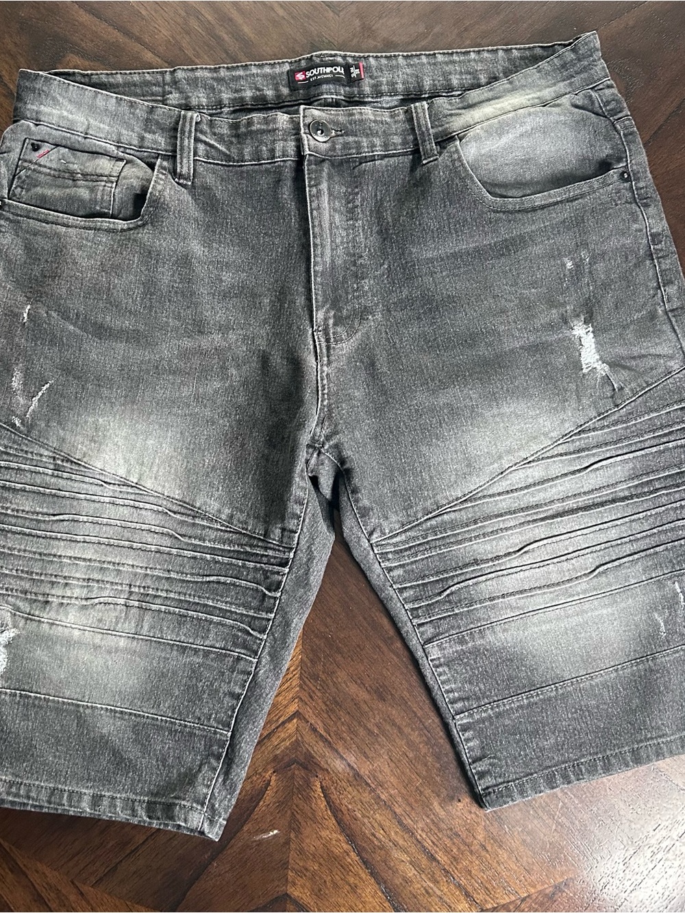 South Pole Men’s Washed Black Distressed Moto Jean Shorts
